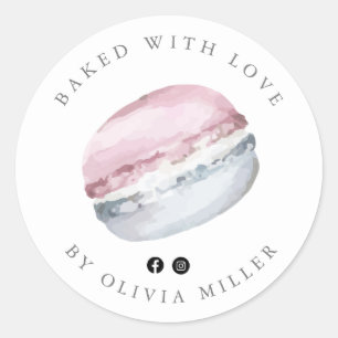 Sticker Rond Cuisiné Avec Amour Élégant Pâtisserie Macarons Ros