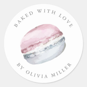 Sticker Rond Cuisiné Avec Amour Élégant Pâtisserie Macarons Ros