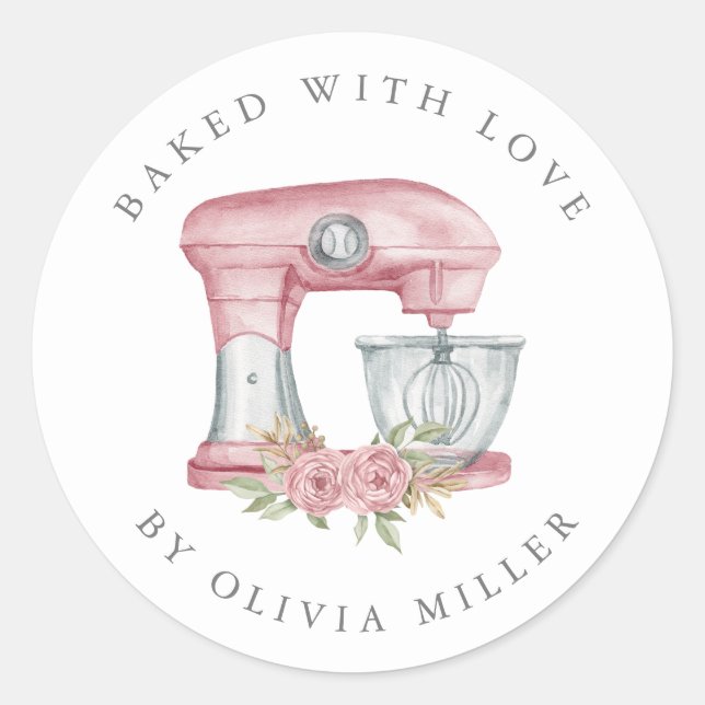 Sticker Rond Cuisiné Avec Amour Élégant Pâtisserie Mixer Rose (Devant)