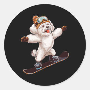 Sticker Rond Cuisine Chien Snowboard Fun Hiver Sport Hommes Fem