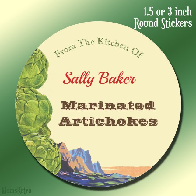 Sticker Rond Cuisine d'artichauts rétro Recette modifiable (Kitchen Of Retro Artichokes Editable Recipe Classic Round Sticker)