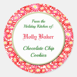 Sticker Rond Cuisine des Fêtes de Poinsettias Rouges sur Fond d