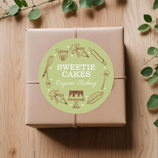 Sticker Rond Cuisine et Cuisine Ustensile de bois Texture et ve (Baking & Cooking Utensil Woodgrain Texture & Green Classic Round Sticker)