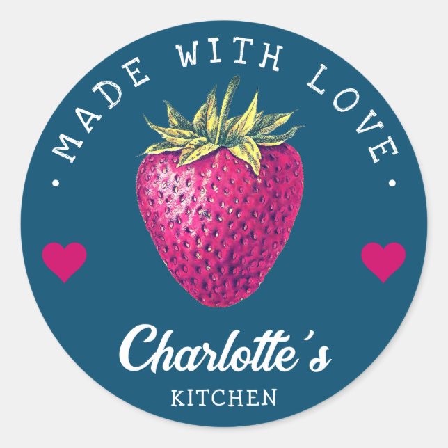 Sticker Rond Cuisine Fraise Maison Fabriquée Avec Amour Bleu Ve (Devant)
