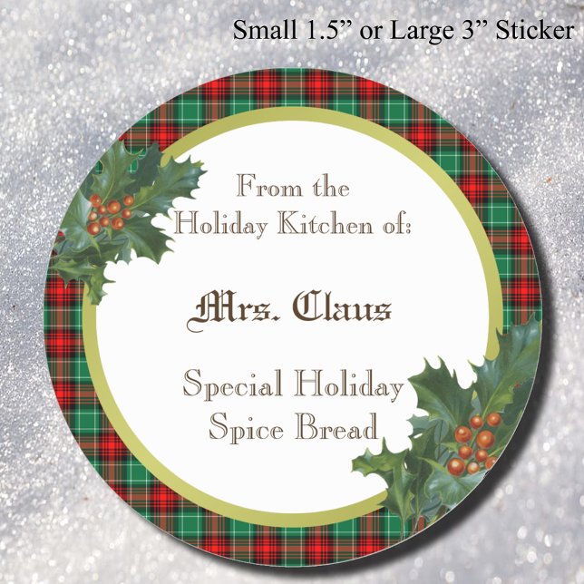 Sticker Rond Cuisine Holday de canne Holly Plaid personnalisée (Red Green Holiday Plaid with Holly)