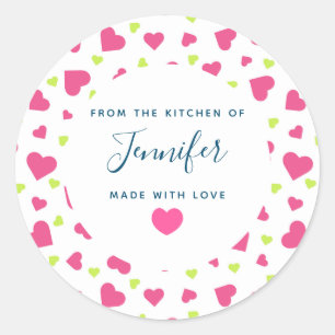 Sticker Rond Cuisine Motif Cute Rose et Coeurs verts