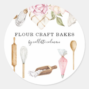 Sticker Rond Cuisine pâtissière Baker Aquarelle Outils Floraux
