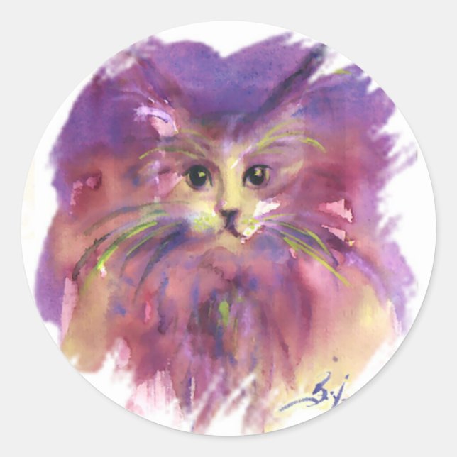 STICKER ROND CUISINE POURPUE, PORTRAIT DE CAT DE CUISINE (Devant)