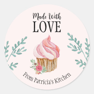 Sticker Rond Cuisson customisée Aquarelle rose Fleur Cupcake