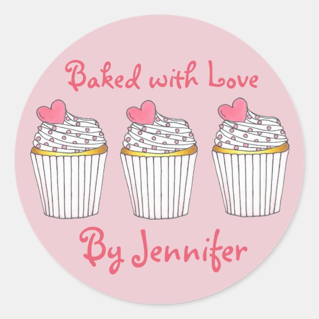 Sticker Rond Cuit avec amour Personnalisé Coeur de Cupcake Rose (Devant)
