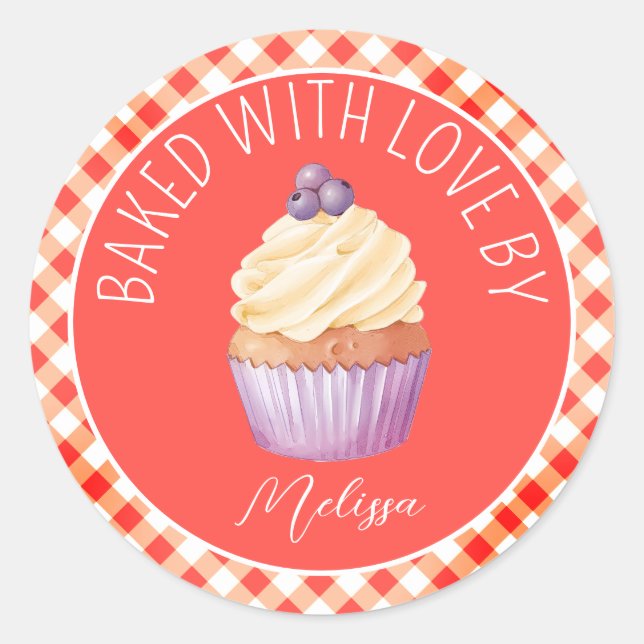Sticker Rond Cuit Avec Love Cupcakes Rouge Plaid Personnalisé (Devant)