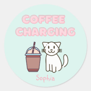 Sticker Rond Cuite Blanc Chat & Drôle Café Café Caféine Pastel