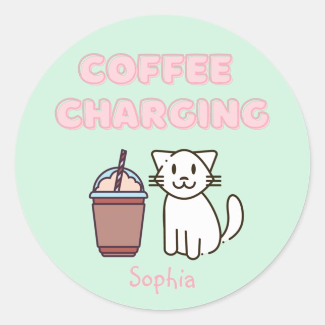 Sticker Rond Cuite Blanc Chat & Drôle Café Café Caféine Pastel  (Devant)