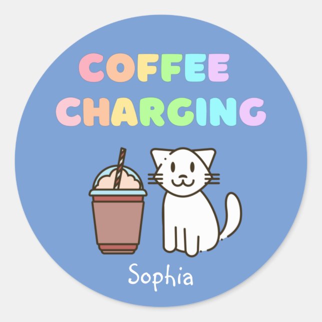 Sticker Rond Cuite Blanc Chat & Drôle Café Caféine Classe Arc-e (Devant)