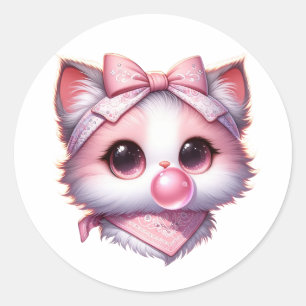 Sticker Rond Cuite Coquette Chat Rose Bow Bandanna Bubble Gum