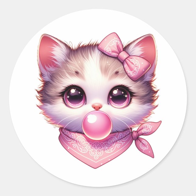 Sticker Rond Cuite Coquette Chat Rose Bow Bandanna Bubble Gum (Devant)
