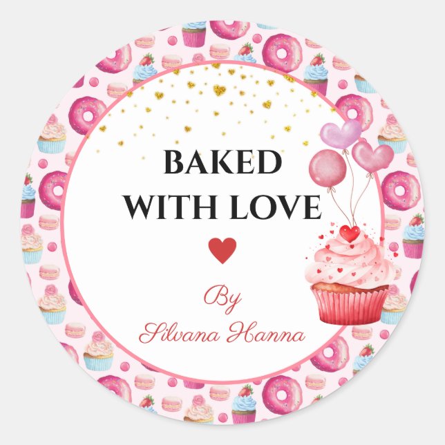 Sticker Rond Cuits avec Amour - Jolies Cupcakes & Donuts  (Devant)