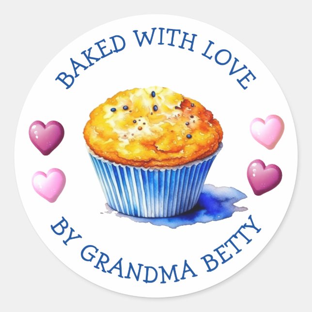 Sticker Rond Cuits avec Amour, Muffins aux Myrtilles Faits Main (Devant)