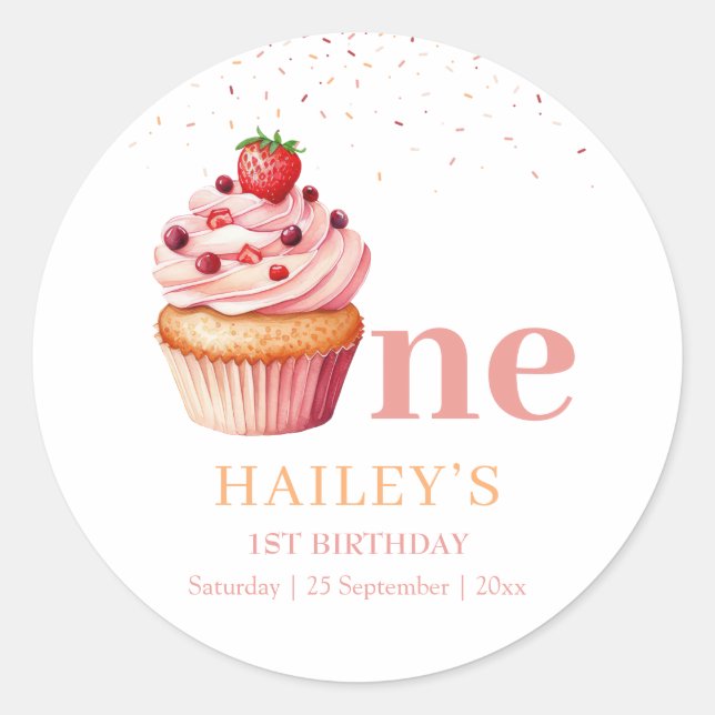 Sticker Rond Cupcake 1er Anniversaire Invitation Soins sucrés f (Devant)