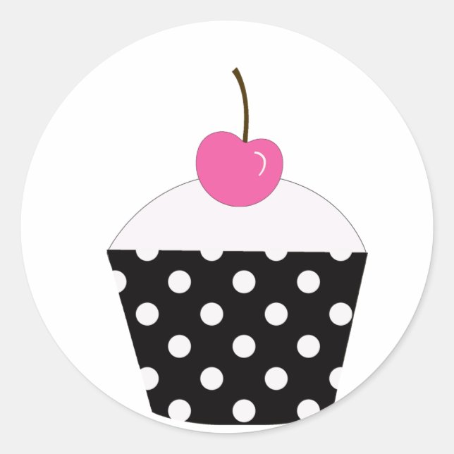 Sticker Rond Cupcake à croûte noire et blanche avec cerise rose (Devant)