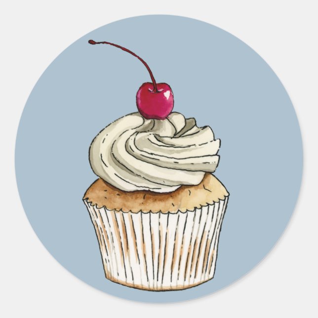 Sticker Rond Cupcake à l'aquarelle avec crème et cerise (Devant)