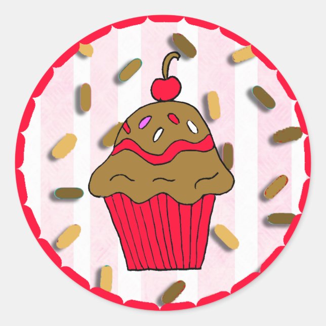 Sticker Rond Cupcake au chocolat avec des arrosages de bonbons (Devant)