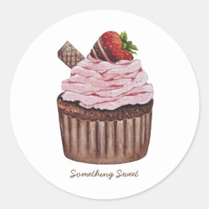 Sticker Rond Cupcake Aux Fraises Coupée En Aquarelle