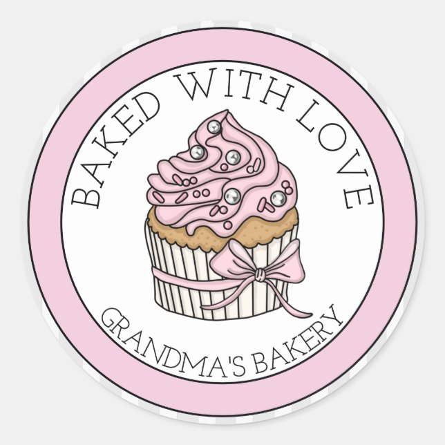 Sticker Rond Cupcake avec arrosage d'argent | Cuit avec amour (Devant)