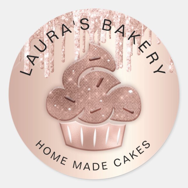 Sticker Rond Cupcake Bakery Pastry Chef Glitter Drips Rose Gold (Devant)
