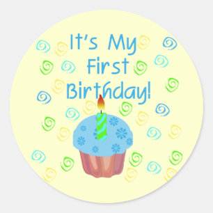 Sticker Rond Cupcake bleu avec bougie Premier anniversaire