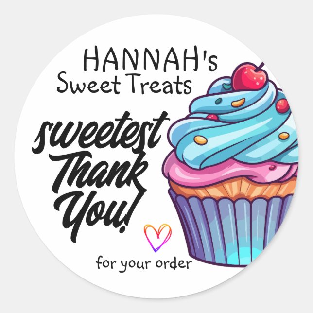 Sticker Rond Cupcake Bleu avec Cerise sur le Dessus Merci (Devant)