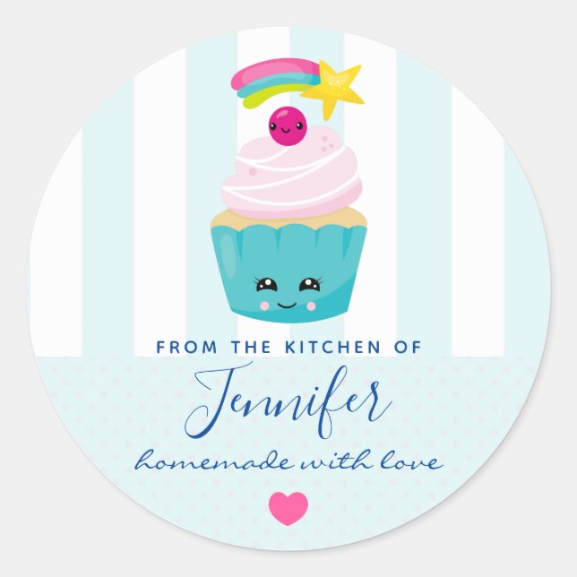 Sticker Rond Cupcake bleu mignonne avec cuisine Kawaii face (Devant)