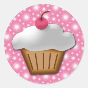 Sticker Rond Cupcake coupé avec cerise rose sur le dessus