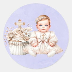 Sticker Rond Cupcake de Croix Blanche avec Baptême de Fille