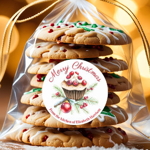 Sticker Rond Cupcake de Noël festif aux canneberges rouges
