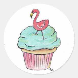Sticker Rond Cupcake Flamant rose rose