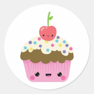 Sticker Rond Cupcake Kawaii avec cerise sur le dessus