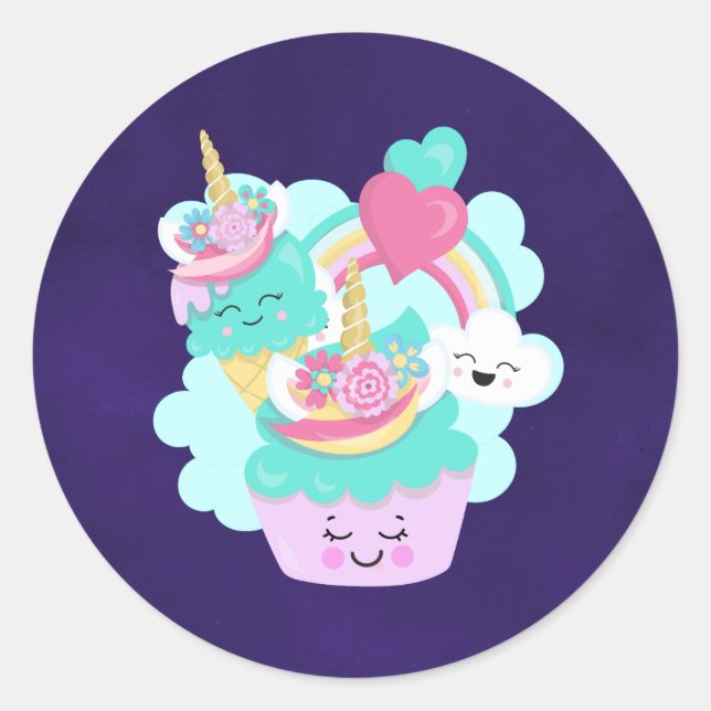 Sticker Rond Cupcake mignonne et crème glacée joyeuse (Devant)