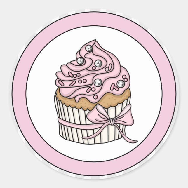 Sticker Rond Cupcake rose avec arrosage d'argent (Devant)