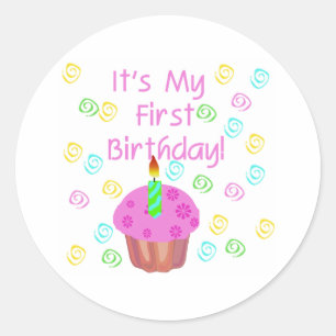 Sticker Rond Cupcake Rose Avec Bougie Premier Anniversaire