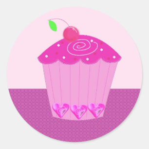 Sticker Rond Cupcake rose avec cerise sur le dessus