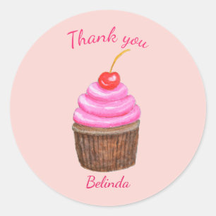 Sticker Rond Cupcake rose avec Cherry personnalisable Faveur