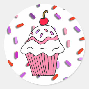 Sticker Rond Cupcake rose avec des arrosages de bonbons