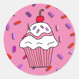 Sticker Rond Cupcake rose avec des arrosages de bonbons