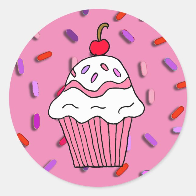 Sticker Rond Cupcake rose avec des arrosages de bonbons (Devant)