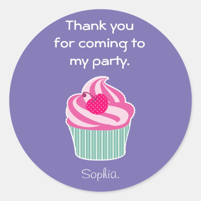 Sticker Rond Cupcake rose avec Merci de cerise Pointe Polka (Devant)