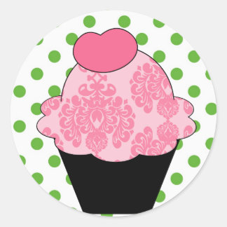 Sticker Rond Cupcake rose fantaisie KRW avec points verts
