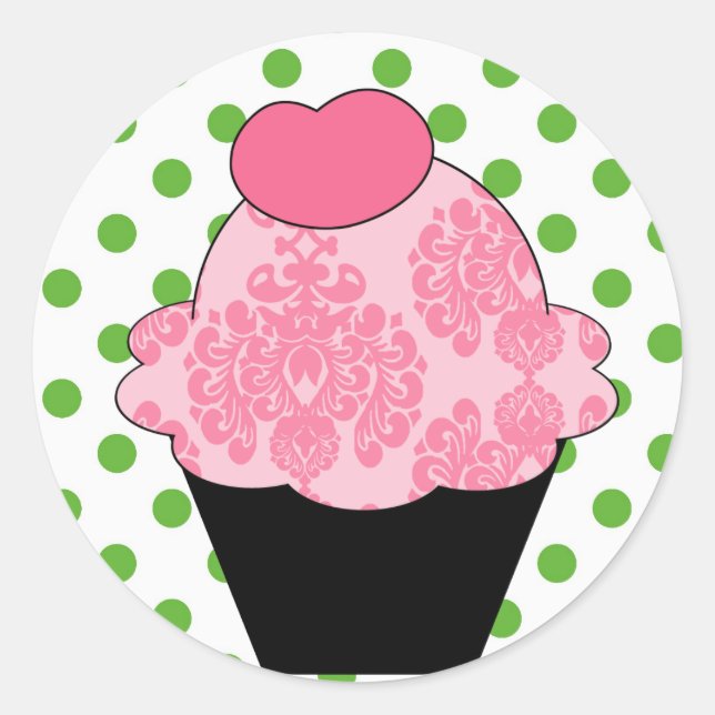 Sticker Rond Cupcake rose fantaisie KRW avec points verts (Devant)