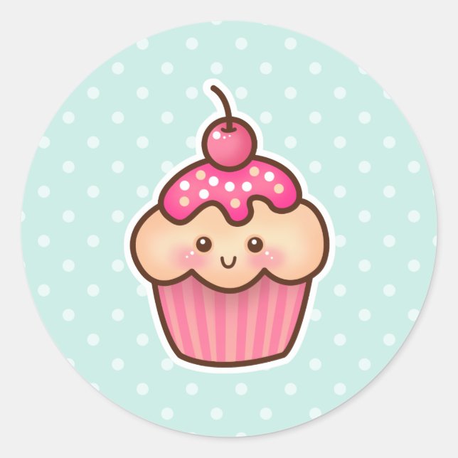 Sticker Rond Cupcake rose Kawaii et Pois bleu Mint (Devant)