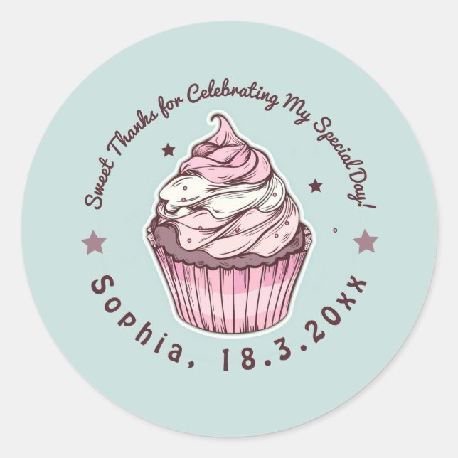 Sticker Rond Cupcake Sweet Merci de fête d'anniversaire (Devant)